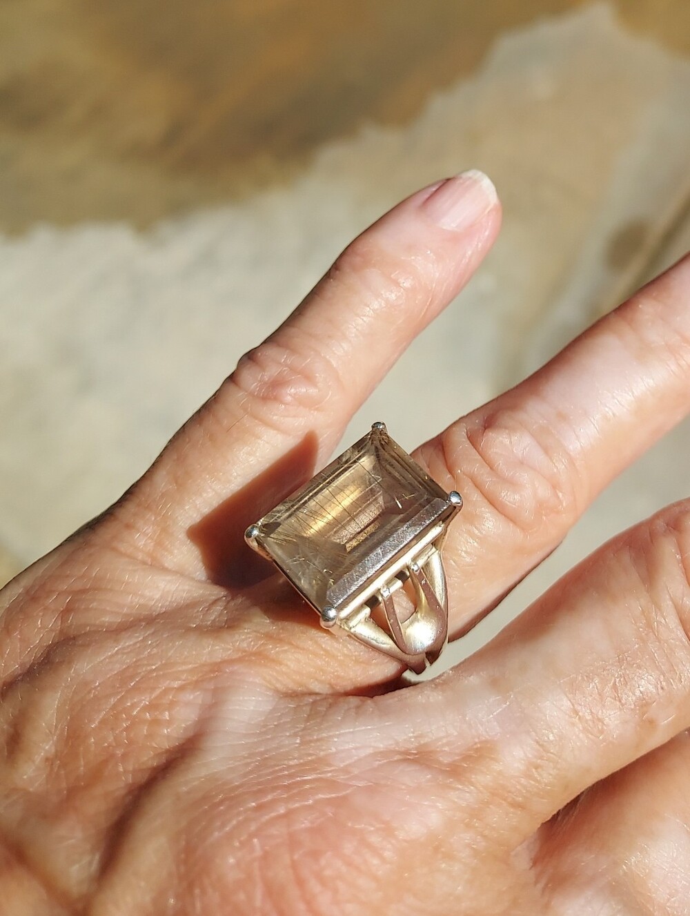Sterling Silver Rectangular Rutilated Quartz Statement Ring